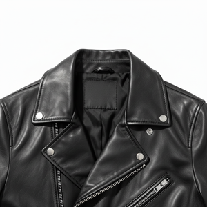 Blouson moto en cuir noir pour homme, col rabattu, fermeture éclair, manches classiques, couleur unie, pour l'automne - Product Image 4