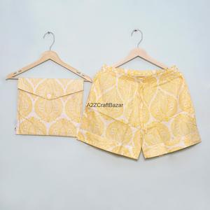 Ensemble de pyjama court pour femme en coton pur 100% respirant et doux, imprimé fleuri, col en V, fermeture à cordon, été - Product Image 2