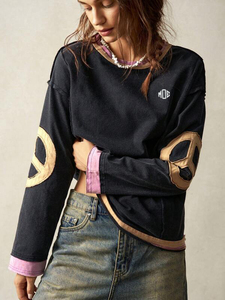 Custom Patch Applique Vintage Washed Oversized Contrast Layered Hem Black Women's Sweatshirt Hoodies Private Label High Street - Product Image 4
