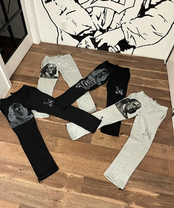 <b>Men's</b> Black Grey Graphic Sweatpants Cotton <b>Elastic</b> <b>Waist</b> Drawstring Street Style <b>Trousers</b> - Product Image 1