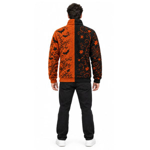 Men's Reversible Fleece Jacket Halloween Pumpkin Bat Print Zipper Closure Sherpa Lined Casual Autumn <b>Coat</b> - Product Image 3