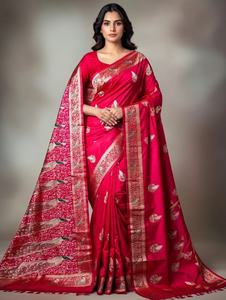 Sari en soie de style ethnique traditionnel avec tissage Zari, infroissable et à séchage rapide pour femme - Idéal pour mariage, Diwali et tenue décontractée - Product Image 3