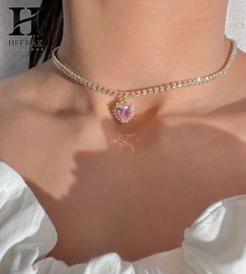 สร้อยคอเทนนิสเพชรทองคำ 18K แบบสั่งทำพิเศษ พร้อมจี้รูปหัวใจเพชรชมพูเพาะเลี้ยงในห้องปฏิบัติการ สร้อยคอจี้รูปวงแหวนโรแมนติก เครื่องประดับเจ้าสาว - Product Image 1