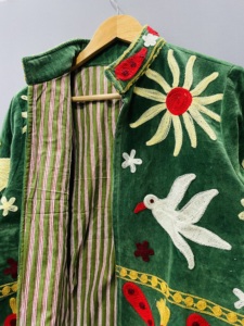 Green Suzani Velvet Embroidered Jacket With Floral And <b>Bird</b> Motifs Mandarin Collar Handmade Wool Winter Wear - Product Image 6