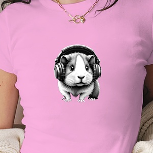 T-shirt court en tricot imprimé Guinea Pig with Headphones Y2K Slim Fit pour femme - Product Image 3
