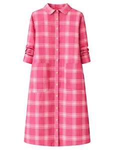 Vestido Camisero a Cuadros Rosa para Mujer, Manga Larga, Cierre de Botones, Midi, Casual, Holgado, de Algodón Tejido, con Bolsillos, para Uso Diario, Estilo Otoñal - Product Image 1