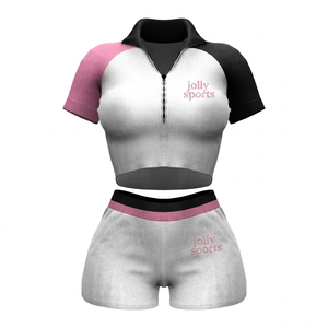 Conjunto de Shorts Deportivos de Punto Acanalado Sin Costuras para Mujer, 320 GSM, Blanco, Rosa, Negro, Panel en Contraste, Bordado, Logotipo Personalizado - Product Image 1
