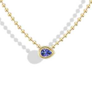 สร้อยคอทองคำแท้ 14k 18k  แบบโซ่ลูกปัดขนาด 3 มม. ประดับพลอยแทนซาไนต์ทรงลูกแพร์ 1.50 กะรัต  แบบฝังขอบตะวันออก-ตะวันตก  ความยาว 16 นิ้ว ขายส่ง - Product Image 5