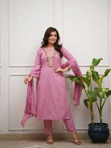 Pink Embroidered Salwar Kameez Set Women Cotton Kurta <b>Pant</b> Dupatta Loose Fit Traditional Ethnic Wear Casual All Seasons - Product Image 1