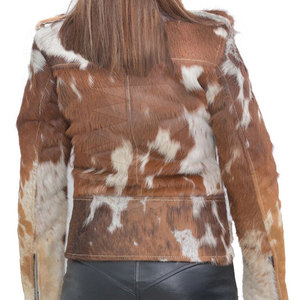 Veste moto en cuir véritable marron pour femme, imperméable, à manches longues, col rabattu, fermeture éclair, ceinture, pour l'hiver - Product Image 4