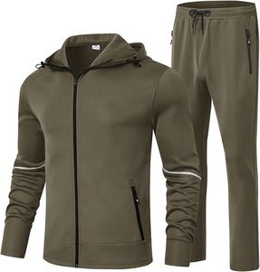 Solid Color Casual Windproof Polyester Fabric Autumn Sport Outfit Men's Hooded Tracksuit 2 Pieces Set Full <b>Zip</b> Jacket Sweatpants - Product Image 5