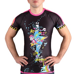 Rashguard unisexe à manches courtes, imprimé par sublimation, respirant, séchage rapide, noir, rose, jaune, motif dessin animé, logo avant, adulte, BJJ - Product Image 5
