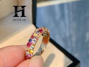Luxury Rainbow Sapphire Pave Eternity Band 14K Gold Multi Color Gemstone <b>Dome</b> <b>Ring</b> Confetti Diamond Stacking Wedding Jewelry - Product Image 2