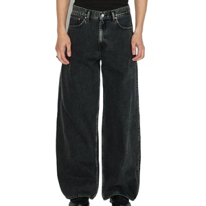 Jean baggy vintage pour homme, coupe droite, en denim de coton, effet usé, logo brodé, grandes tailles, noir - Product Image 1