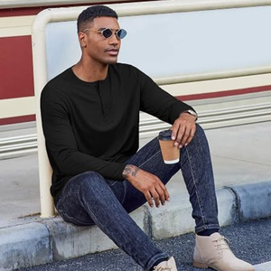 Chemise Henley à manches longues pour homme, haut léger extensible, t-shirt décontracté à col rond de couleur unie pour un usage quotidien - Product Image 6