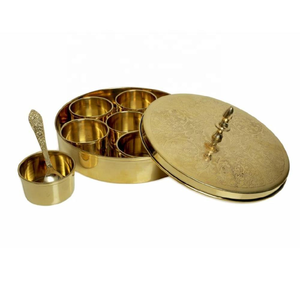 Brass Polish Masala Box <b>Set</b> with Brass Spoon Container <b>Spice</b> Storage Rack Floral Design Indian <b>Spice</b> Double Lid Boxes Storage - Product Image 3