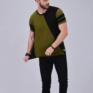 เสื้อยืดคอกลมแขนสั้นผู้ชาย สีเขียวมะกอก-ดำ ตัดต่อสี ดีไซน์ขอบตัดกันแบบลำลอง ผ้าถัก - Product Image 2