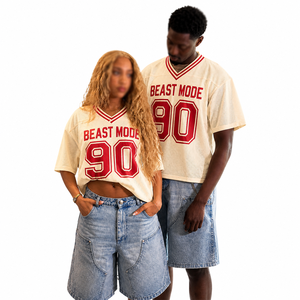 Custom Women <b>Red</b> American Football Jersey V-Neck Striped Sleeve <b>Crop</b> <b>Top</b> Urban USA Streetwear Fashion Slim Fit Training Shirt - Product Image 5
