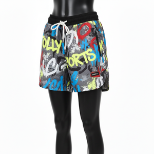 Shorts coupe-vent légers en polyester 120 GSM, gris, multicolores, impression par sublimation graffiti, logo personnalisé, pour femmes - Product Image 4
