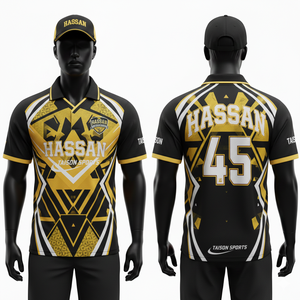 เสื้อคริกเก็ตชาย 180 GSM ผ้าโพลีเอสเตอร์พรีเมียมแบบอินเตอร์ล็อค ไมโครเมช สีดำทอง ดีไซน์ลายแผง  ปักโลโก้ด้วยเทคนิคซับลิเมชั่น - Product Image 1