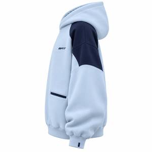 <b>Men</b>’s Oversized Ice Blue <b>Navy</b> <b>Fleece</b> Pullover Hoodie with Embroidered Logo Contrast Shoulders and Welt Pockets - Product Image 4