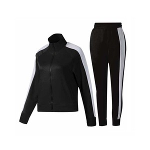 Women's <b>2</b>-<b>Piece</b> Sporty Tracksuit <b>Set</b> Full Sleeve Knitted Breathable Black With <b>White</b> Side Stripe Regular Fit All Seasons - Product Image 1