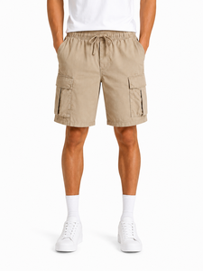 Pantalones cortos cargo beige para hombre, corte relajado, estilo utilitario, informales, de verano, con múltiples bolsillos, para actividades al aire libre, con cordón en la cintura - Product Image 1