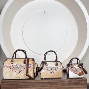 Hot Selling Tooled Cowhide Leather Mini Duffle Bag for Women Crossbody Small Speedy <b>Handbag</b> Boutique Purse Travel Overnight Bag - Product Image 4