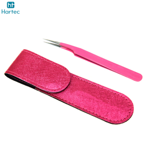 Fully Customized Made Grafted Tweezers Pure Stainless Steel Dark Pink Color Fiber Curved Shape Tip Extension Tweezers Set - Product Image 2