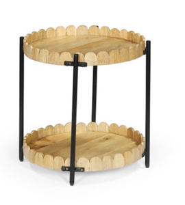 Wood and <b>Bamboo</b> Tiered Coffee <b>Table</b> Round Serving Tray Scalloped Tabletop Metal Frame for Living Room - Product Image 1