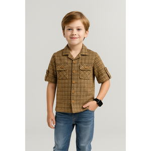 Chemise en coton beige et marron à micro-carreaux décontractée pour garçons - Product Image 5