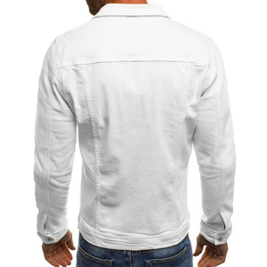 เสื้อแจ็คเก็ตยีนส์สีแดงสำหรับผู้ชายทรงเข้ารูปลำลองติดกระดุมด้านหน้าปกพับลงเสื้อผ้าฝ้ายสไตล์ฤดูใบไม้ร่วง - Product Image 4