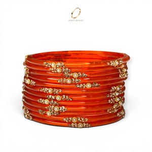 Bijoux indiens directement de l'usine, bracelets en verre kashmiri orange en forme de goutte de pluie, plaqués or, cristaux, pour mariage et occasions festives, prix de gros - Product Image 5