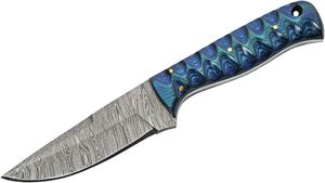 Cuchillo de Caza de Acero de Damasco con Mango con Patrón Azul y Funda de Cuero, Hoja de Punta Caída de 9 Pulgadas, Cuchillo para Exteriores - Product Image 2