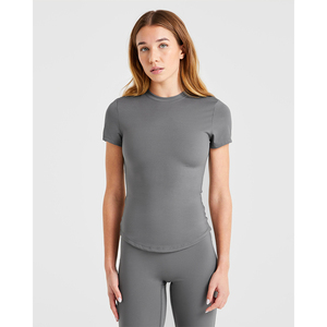 Camiseta de Punto para Mujer, Color Gris Sólido, Manga Corta, Cuello Redondo, Deportiva, Transpirable, para Todas las Temporadas - Product Image 1