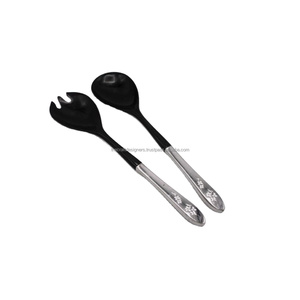 <b>Black</b> & Silver Theme Salad Server <b>Set</b> Table Accessories Metal Salad Spoon And Fork Cutlery <b>Set</b> Laser Engrave Floral Pattern - Product Image 1