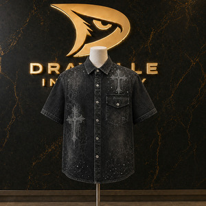 Mineral Wash Black Short Sleeve Shirts With Bling Cross For Roomy Unisex Cyber Y2K <b>Gothic</b> <b>Jacket</b> - Product Image 1