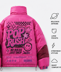 Custom Pop Rush Quilted <b>Jacket</b> Hot <b>Pink</b> Burgundy Violet Statement Print Bold Back Artwork Winter Puffer Coat Women's Streetwear - Product Image 5