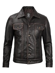 Chaqueta de Cuero Estilo Trucker para Hombre en Color Marrón Oscuro - Product Image 1