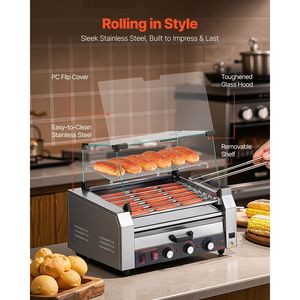 Griglia per Hot Dog in Acciaio Inox con 7 Rulli, 1200W, Macchina da Cucina Commerciale con Copertura Riscaldante per Panini - Product Image 4
