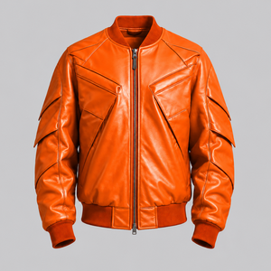 Veste décontractée pour homme en cuir véritable, coupe ajustée, logo sur le devant, couleur unie, avec poches, pour l'automne - Product Image 3