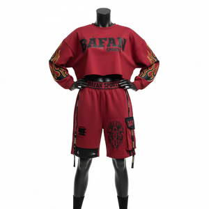 Women Heavyweight GSM Cotton Polyester Crop Sweatshirt Shorts Set <b>Maroon</b> Graphic Custom Print 100% Cotton Crop <b>Top</b> & Shorts Set - Product Image 1