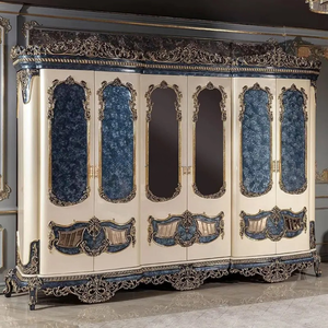 Armoire Classique Royale Européenne Antique avec Porte Miroir, Ivoire Bleu, Acajou, Sculptures Dorées, Meuble de Luxe en Bois Massif pour Chambre d'Hôtel - Product Image 2