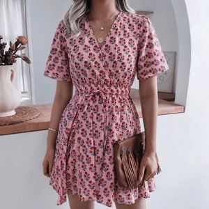 Pink Floral Mini <b>Dress</b> for Women Cotton <b>Summer</b> <b>Dress</b> V Neck <b>Boho</b> <b>Dress</b> Short Sleeve Casual <b>Dress</b> Flowy Floral Sundress - Product Image 3