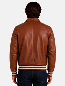 Men's <b>Brown</b> <b>Leather</b> Bomber <b>Jacket</b> Turn-down Collar Zipper Closure Casual Style Autumn Regular Fit Solid Color - Product Image 3