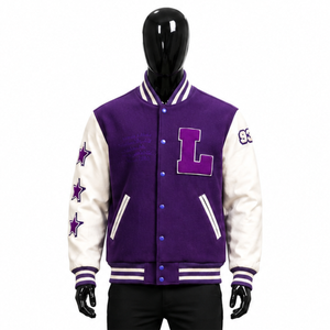 Veste universitaire violette personnalisée en gros, style vintage streetwear, patchwork, veste Letterman, veste bomber pour homme avec manches en simili cuir - Product Image 1