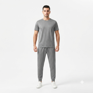Ensemble de t-shirts à col rond gris pour homme, en coton tricoté, vêtements décontractés, couleur unie, respirant, pantalon de jogging - Product Image 1