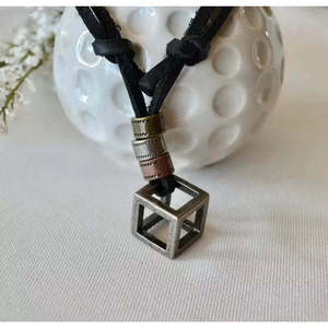 Vintage Alloy Cubical Pendant with Adjustable Black Leather Cord Necklace for Men - Product Image 5