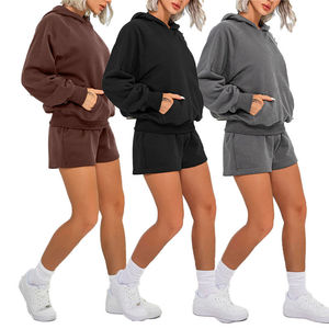 Women's Gray 2 Piece Hooded Sweatshirt Shorts <b>Set</b> Casual Loose Fit Solid Color Fleece Breathable Spring Summer Wear - Product Image 2