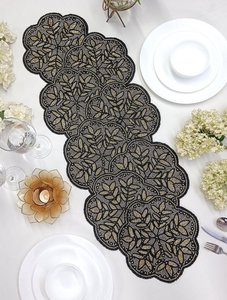 Embroidered Floral Table <b>Runner</b> Classic <b>Black</b> Polyester Home Decor Washable - Product Image 1